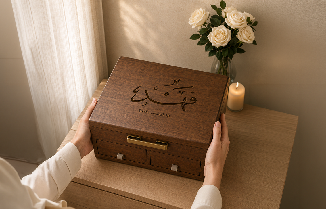 يدان تحملان صندوق ذكريات فيرستوري المنقوش باسم المولود وتاريخ ميلاده فوق خزانة خشبية بجانب ورد أبيض وشمعة.